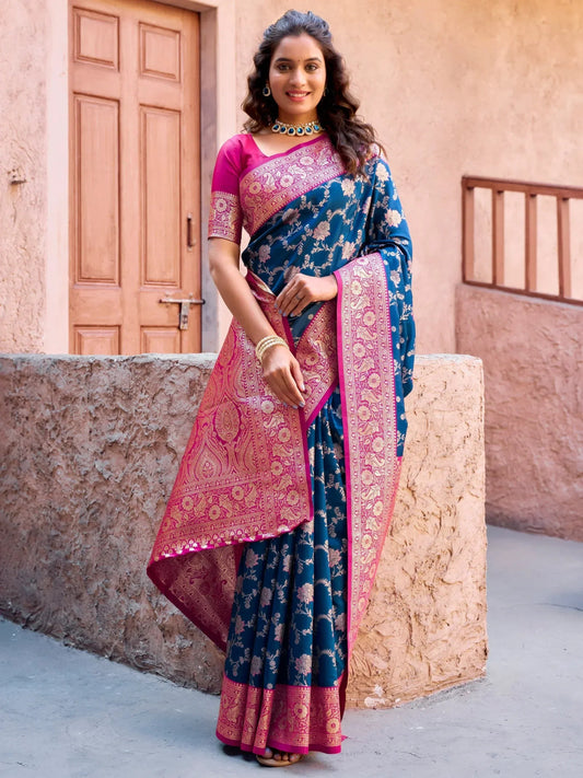 Navy Blue Zari Weaving Party Wear Saree with Blouse