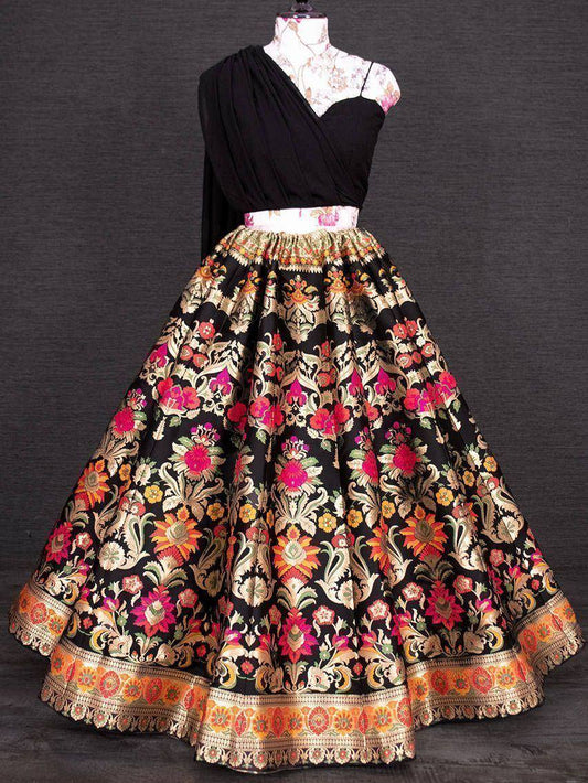 Black Banarasi Indo-Western Crop Top Lehenga