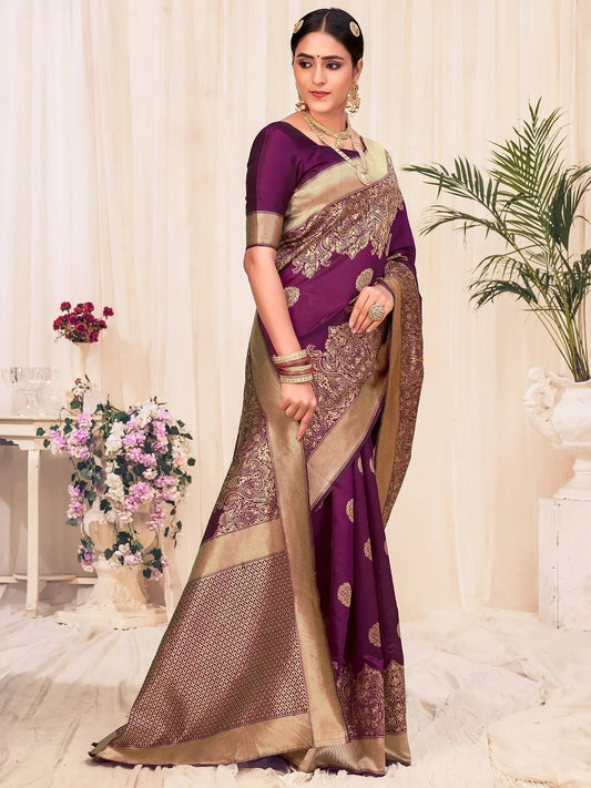 Awesome Wine Banarasi Silk Zari Weaving Event Wear Saree with Blouse
