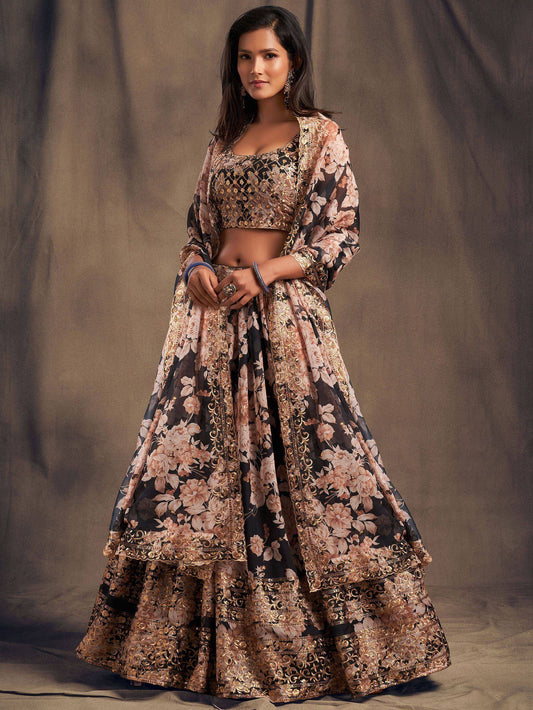 Black Floral Embroidered Organza Wedding Wear Lehenga Choli