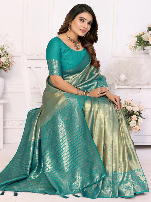 Bewitching Sea Green Zari Weaving Banarasi Silk Event Wear Saree