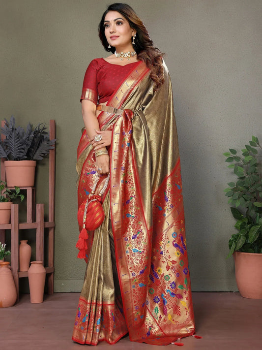 Wonderful Brown Zari Weaving Banarasi Silk Paithani Saree