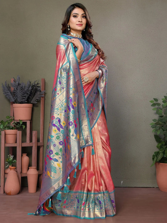 Coral Red Zari Weaving Banarasi Silk Paithani Saree with Blouse