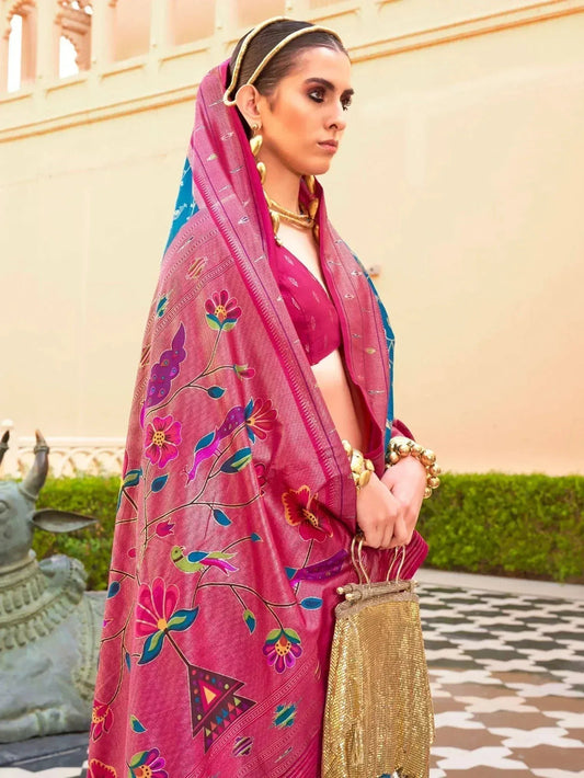 Awesome Blue Foil Printed Silk Festival Wear Saree with Blouse