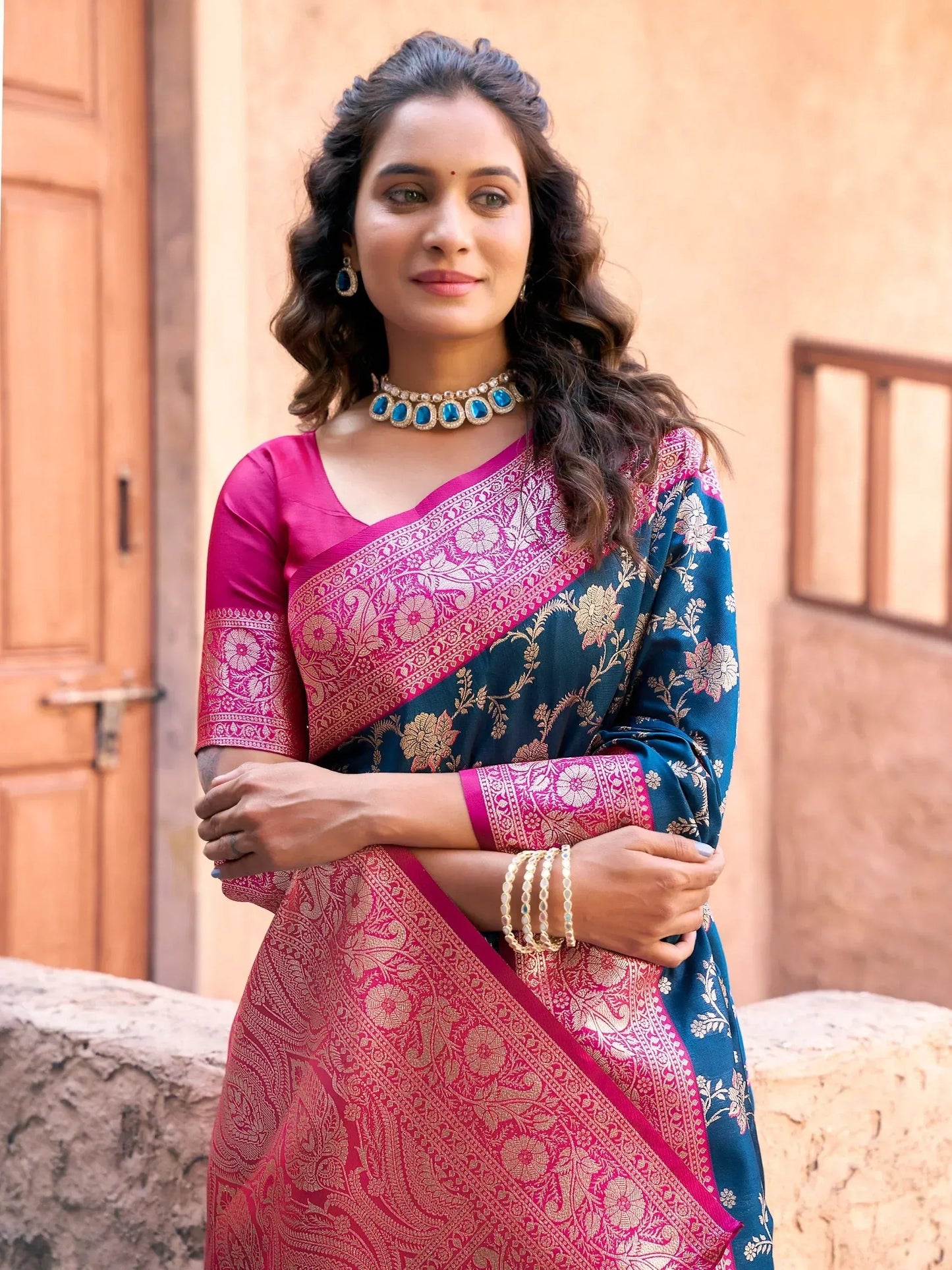 Navy Blue Zari Weaving Party Wear Saree with Blouse