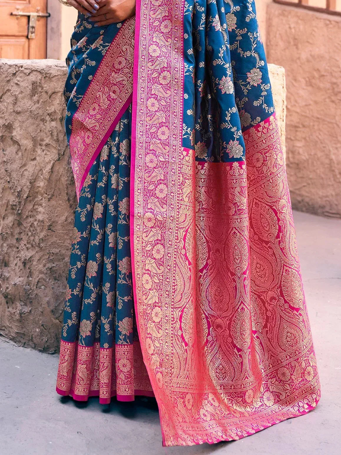 Navy Blue Zari Weaving Party Wear Saree with Blouse