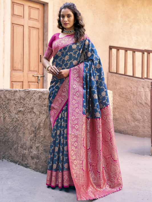 Navy Blue Zari Weaving Party Wear Saree with Blouse