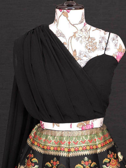 Black Banarasi Indo-Western Crop Top Lehenga