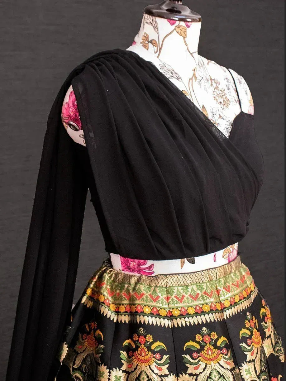 Black Banarasi Indo-Western Crop Top Lehenga