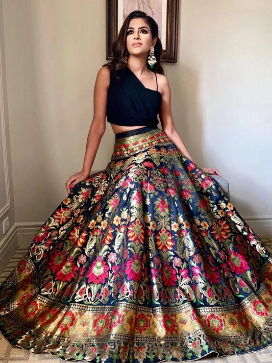 Black Banarasi Indo-Western Crop Top Lehenga
