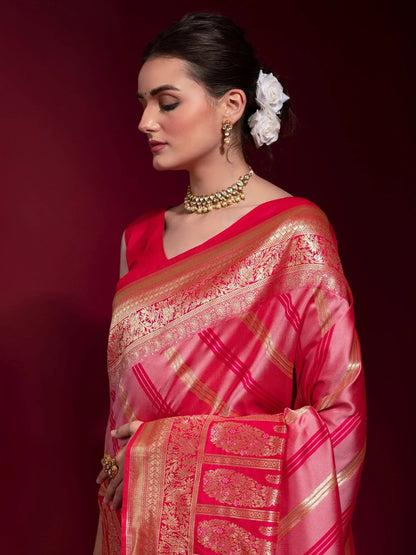 Abundant Pink Zari Weaving Silk Festive Wear Saree with Blouse
