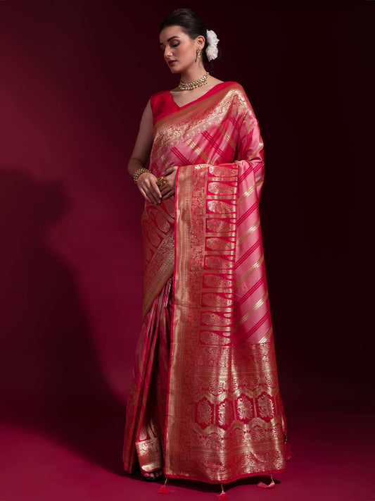 Abundant Pink Zari Weaving Silk Festive Wear Saree with Blouse
