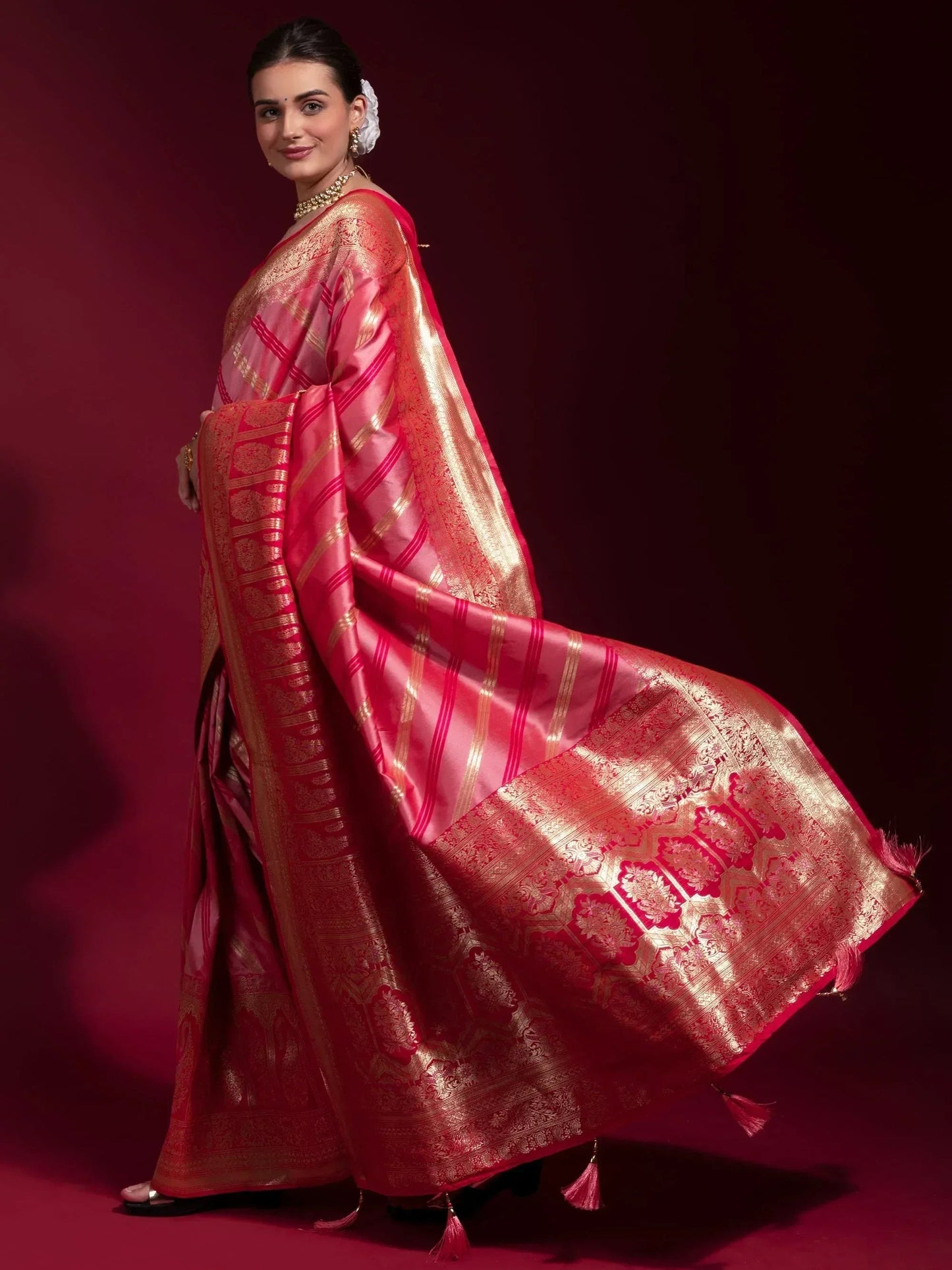 Abundant Pink Zari Weaving Silk Festive Wear Saree with Blouse