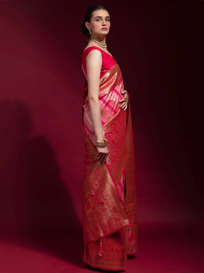 Abundant Pink Zari Weaving Silk Festive Wear Saree with Blouse