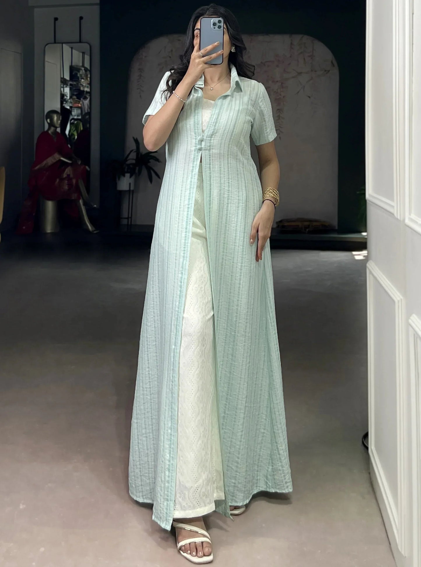 Stylish Sky Blue Printed Cotton Casual Wear Co-ord Set With Shrug