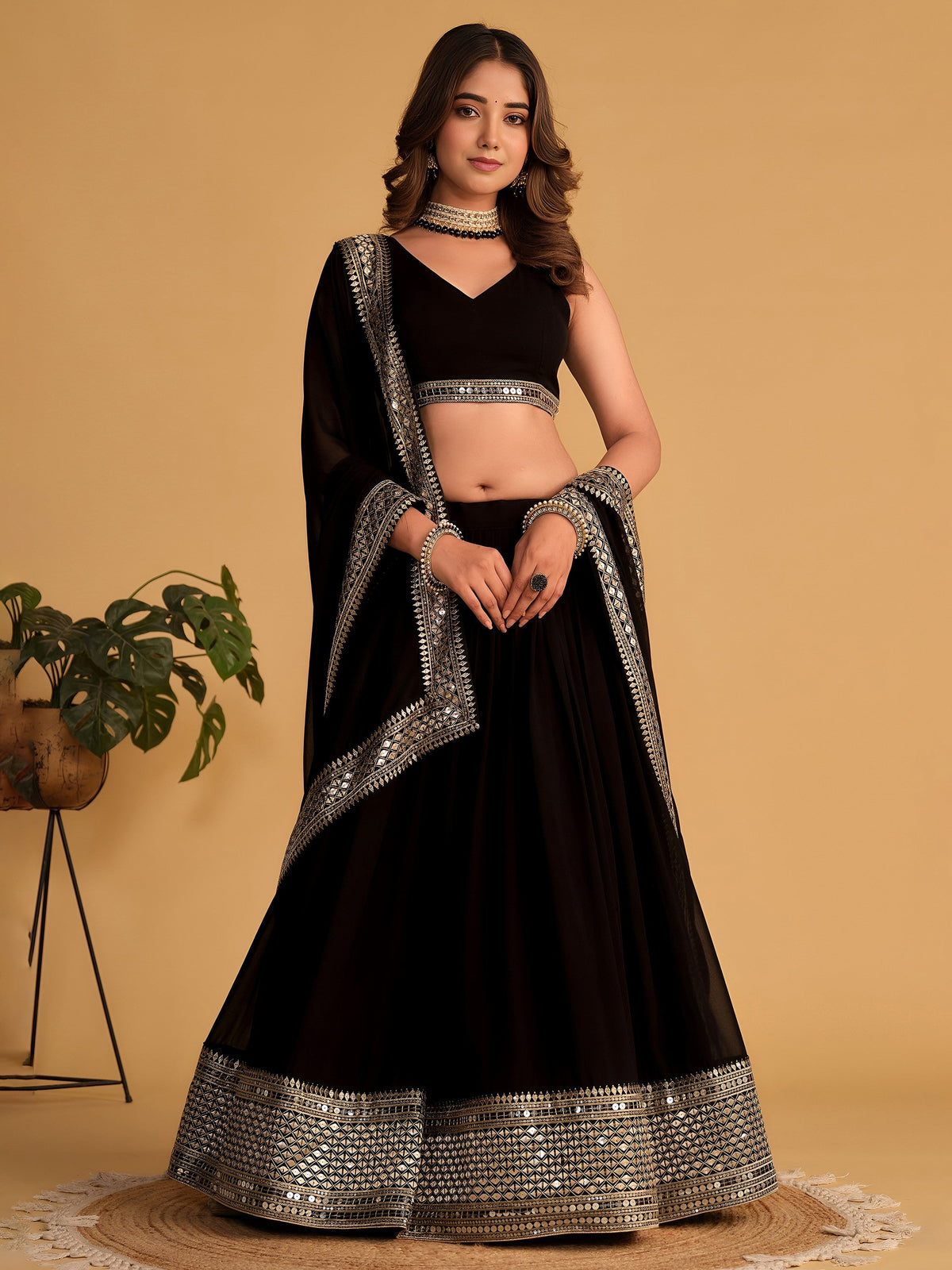 Black Zari Embroidered Georgette Lehenga Choli With Dupatta
