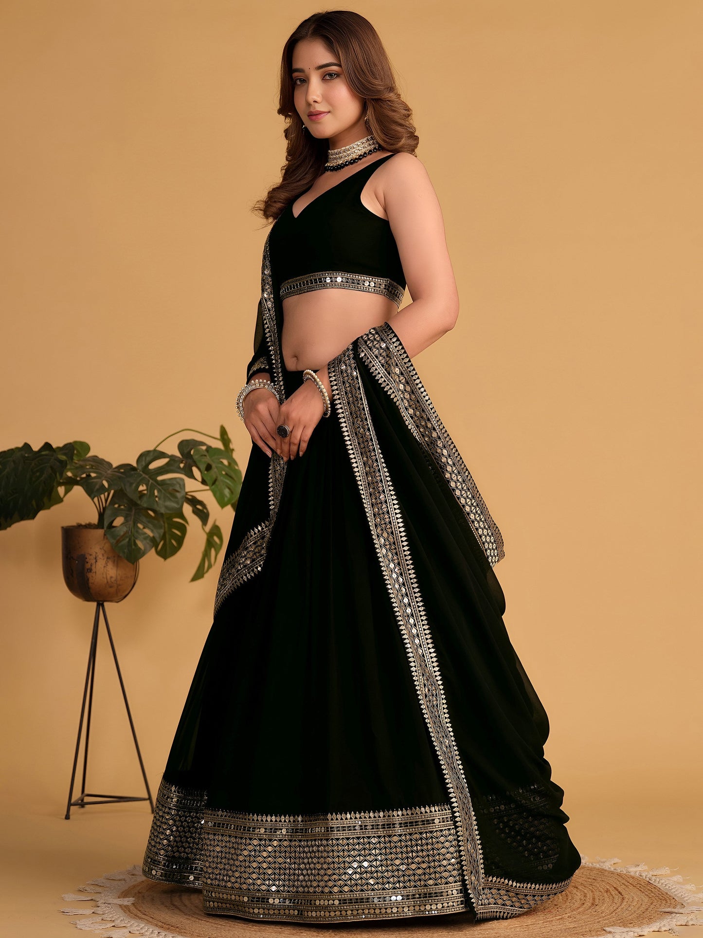 Black Zari Embroidered Georgette Lehenga Choli With Dupatta