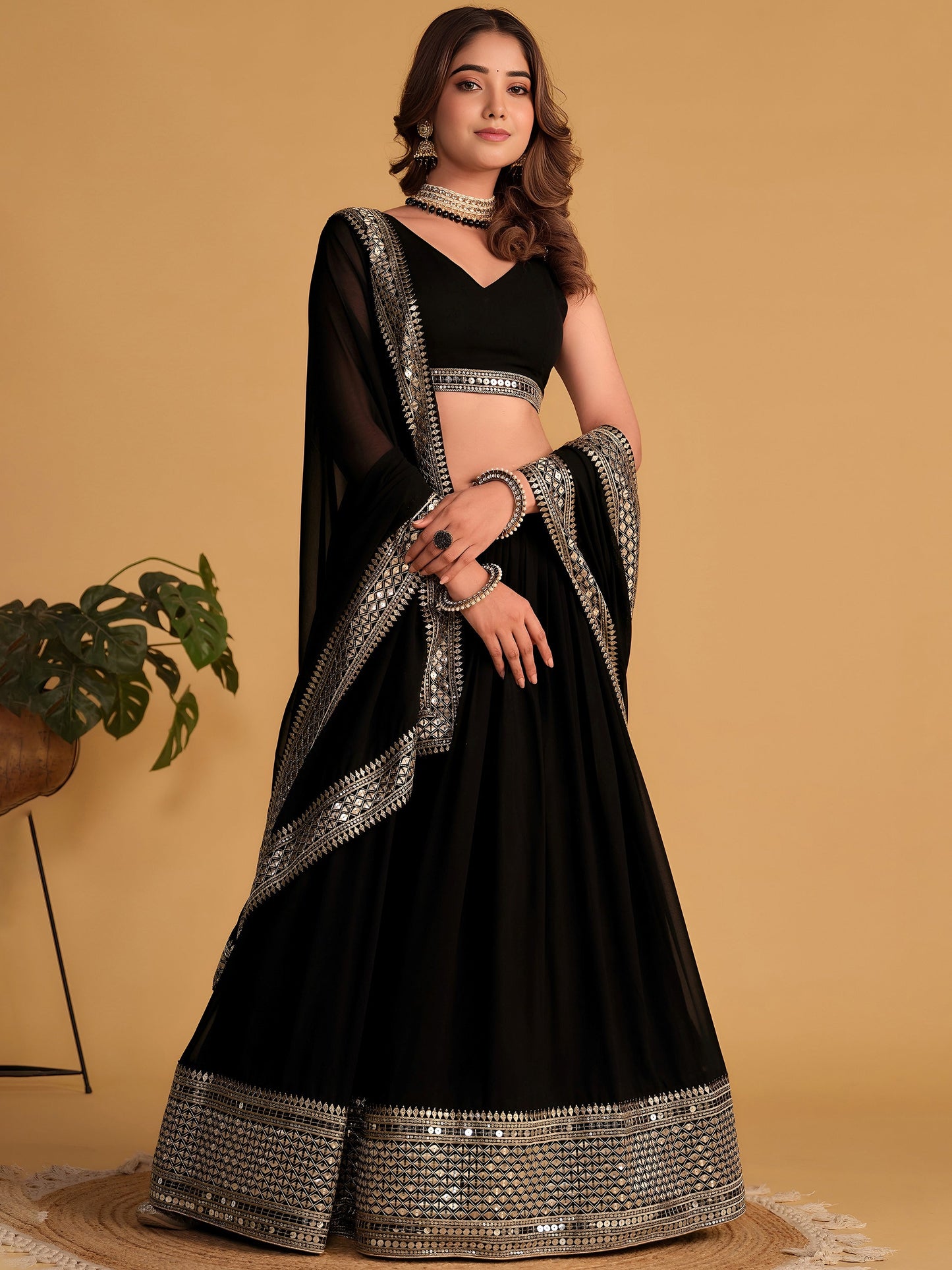 Black Zari Embroidered Georgette Lehenga Choli With Dupatta