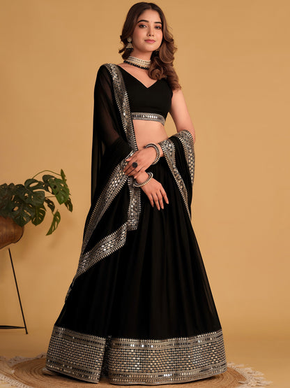 Black Zari Embroidered Georgette Lehenga Choli With Dupatta