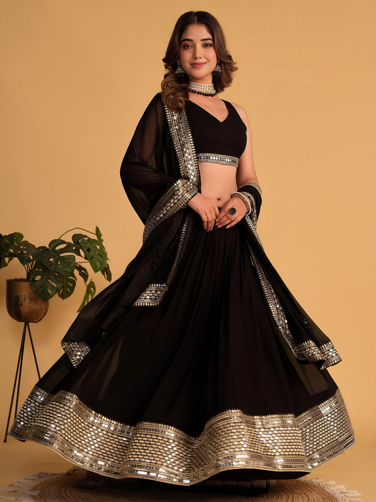 Black Zari Embroidered Georgette Lehenga Choli With Dupatta