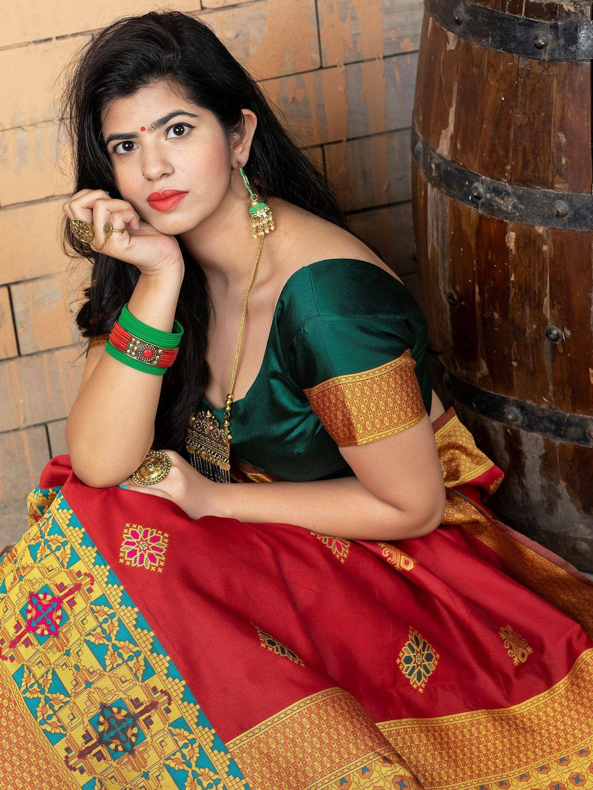 Red Zari Weaving Banarasi Silk Festival Saree with Blouse