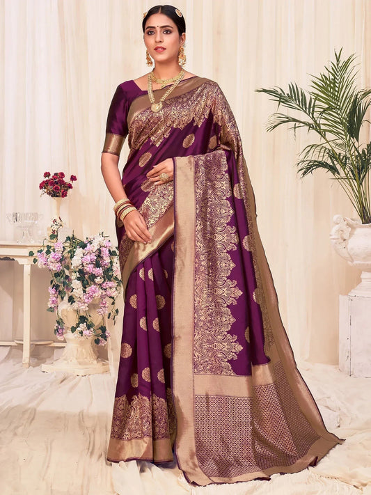 Awesome Wine Banarasi Silk Zari Weaving Event Wear Saree with Blouse