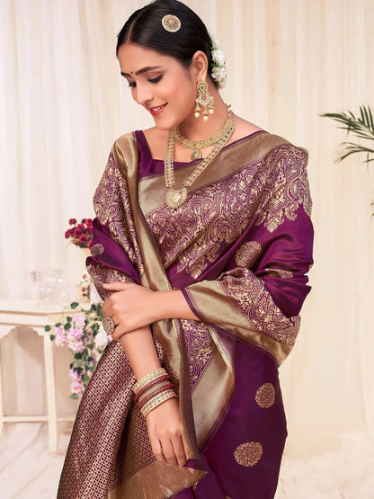 Awesome Wine Banarasi Silk Zari Weaving Event Wear Saree with Blouse