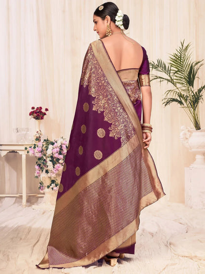 Awesome Wine Banarasi Silk Zari Weaving Event Wear Saree with Blouse