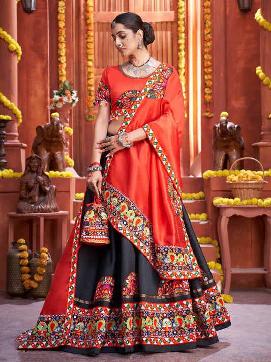 Black Gamthi Work Silk Traditional Rajwadi Chaniya Choli