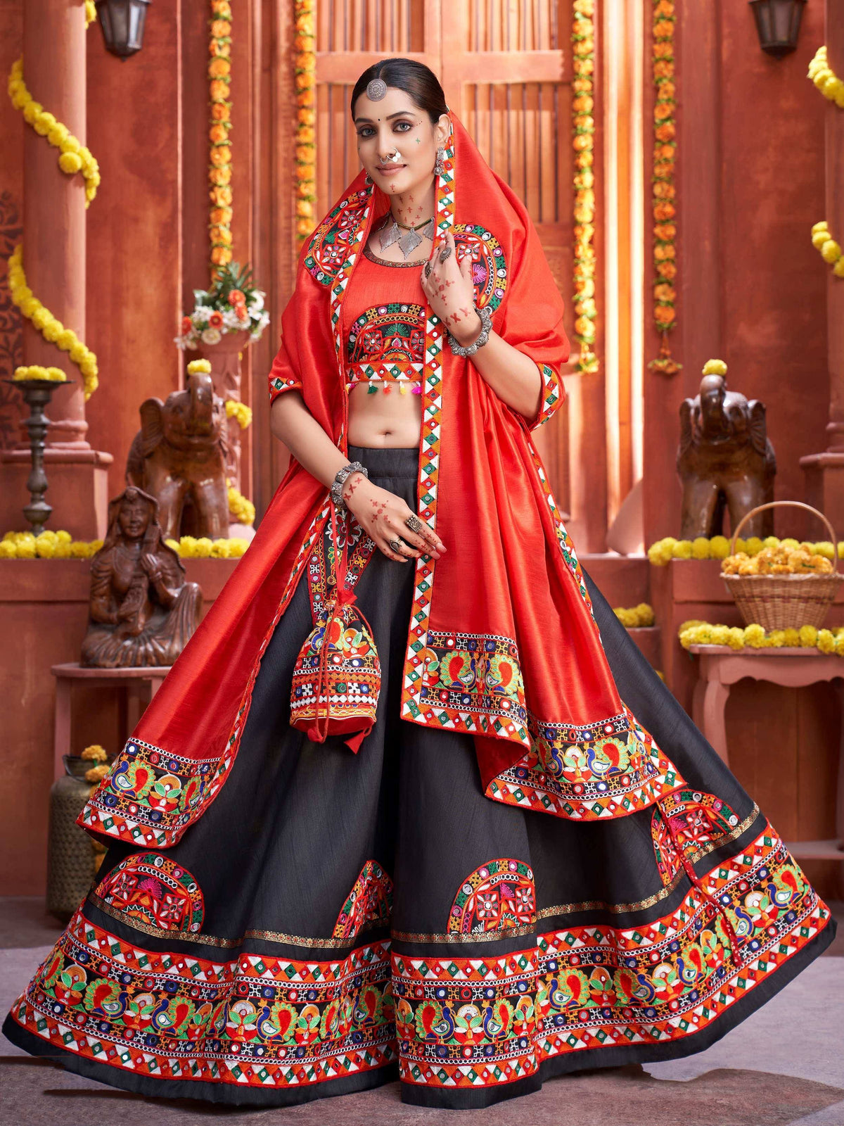 Black Gamthi Work Silk Traditional Rajwadi Chaniya Choli