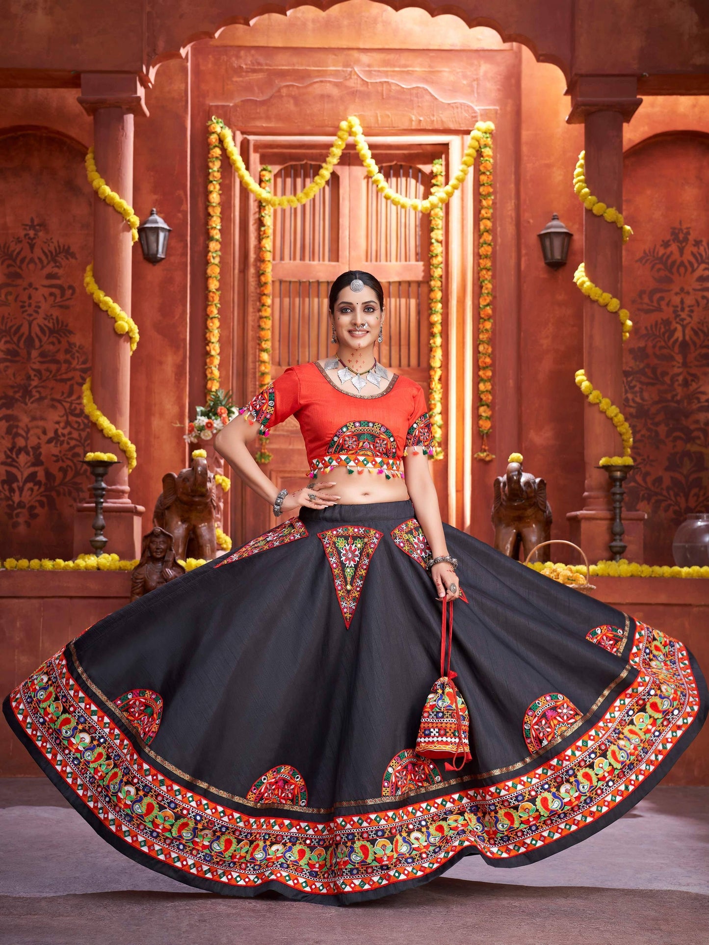 Black Gamthi Work Silk Traditional Rajwadi Chaniya Choli