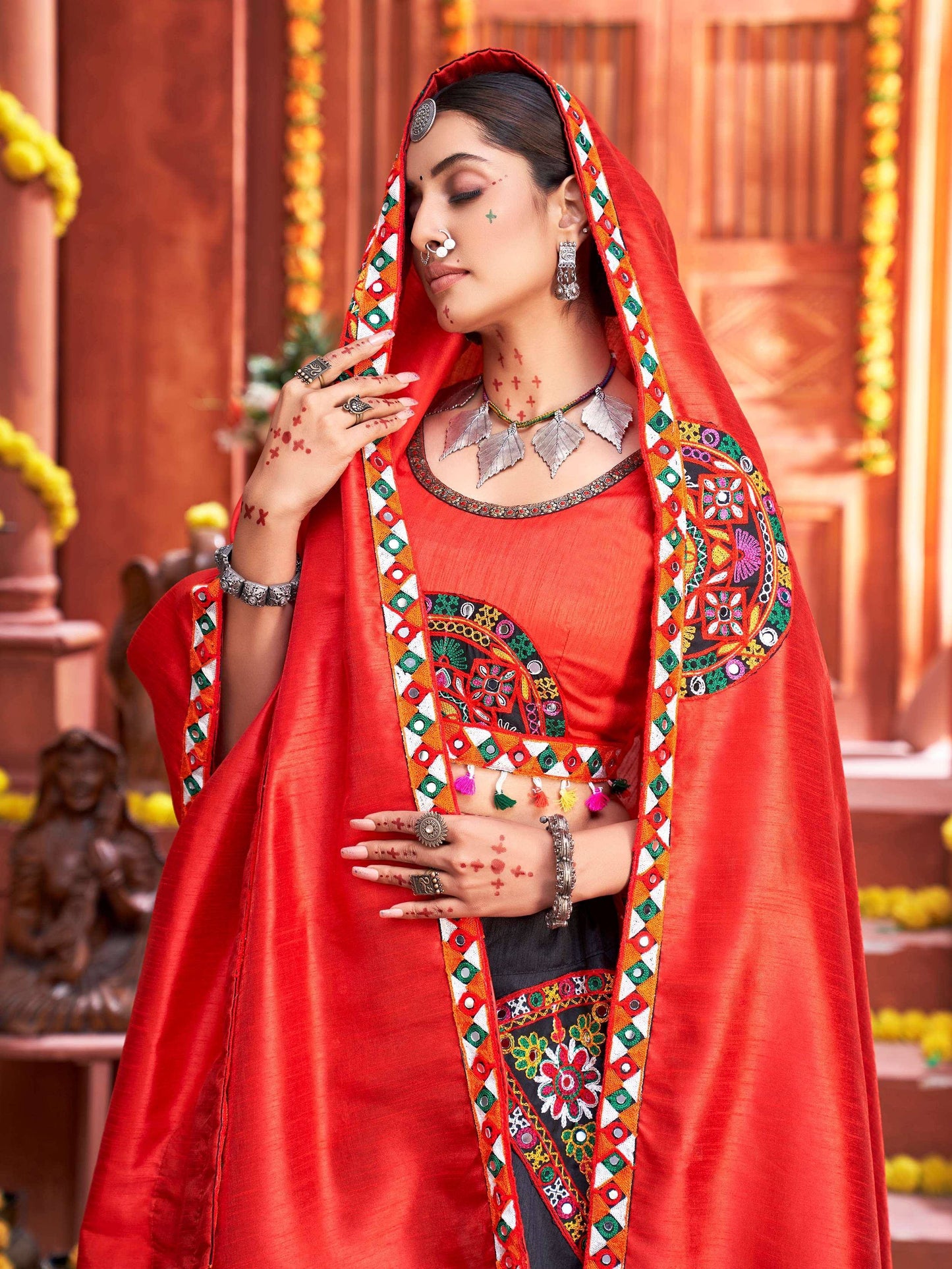 Black Gamthi Work Silk Traditional Rajwadi Chaniya Choli