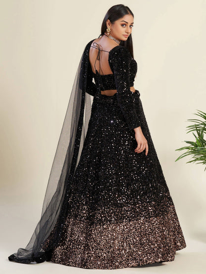 Glamorous Black Sequin Work Velvet Wedding Lehenga Choli