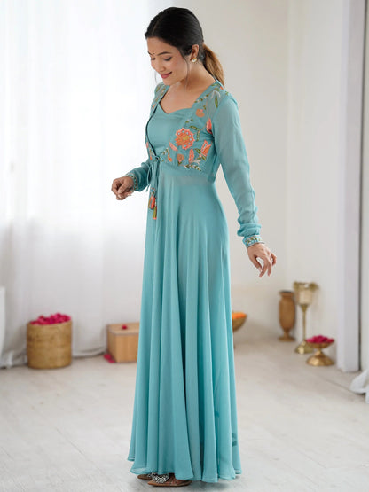 Rich Sky Blue Floral Work Georgette Event Wear Co-Ord Set With Jacket