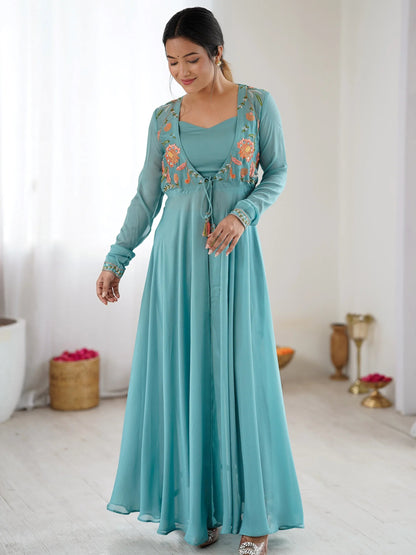 Rich Sky Blue Floral Work Georgette Event Wear Co-Ord Set With Jacket