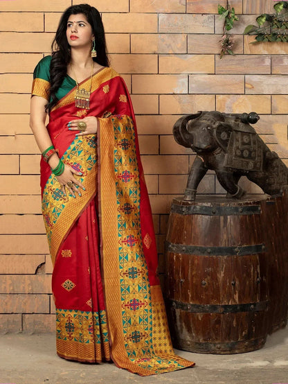 Red Zari Weaving Banarasi Silk Festival Saree with Blouse
