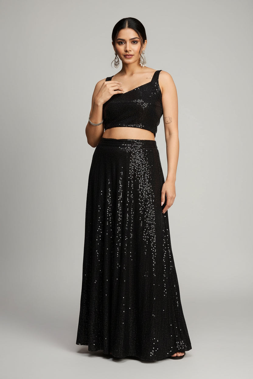 Black sequin top worn by a person on a red background