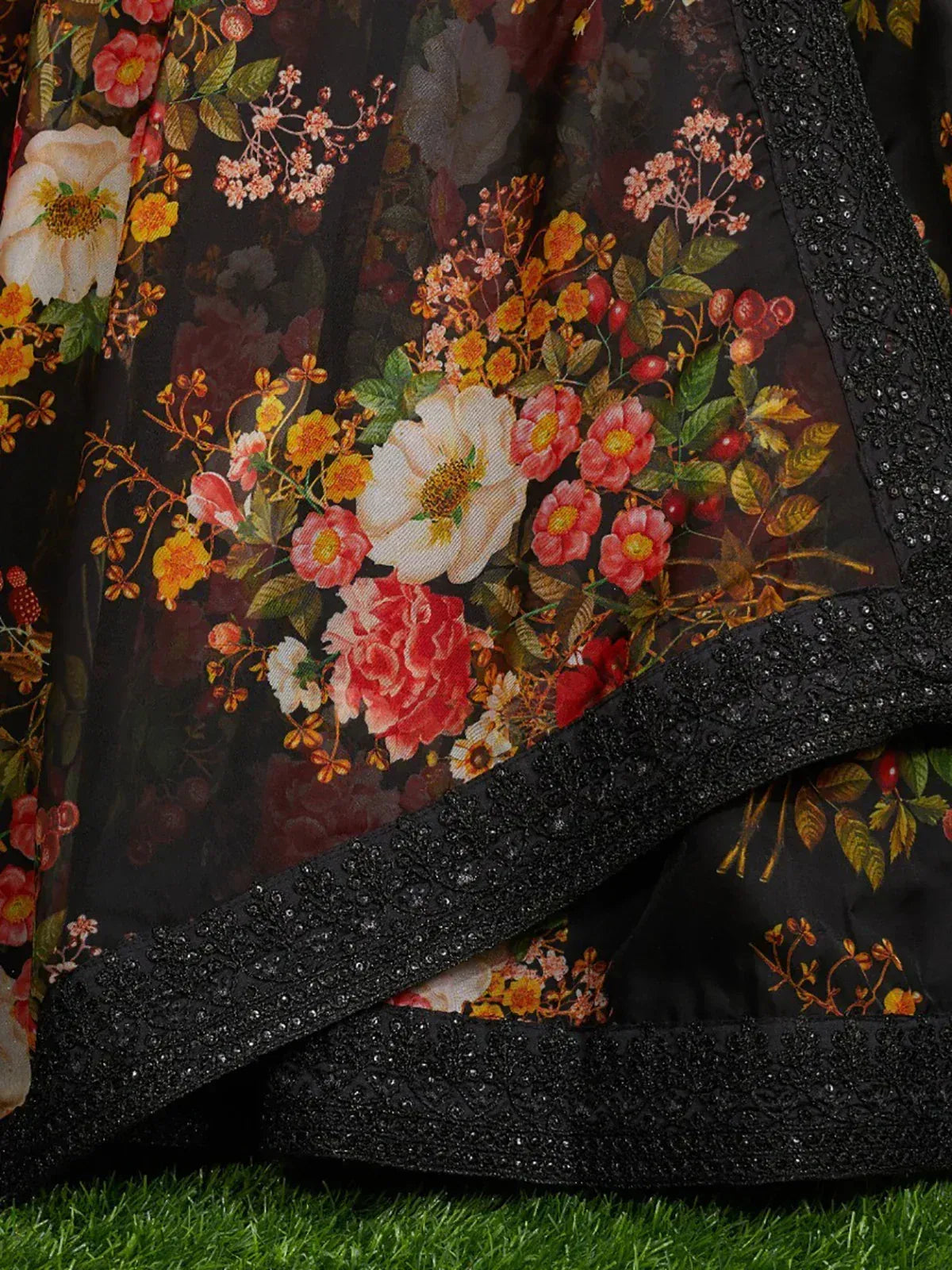 Black Floral Organza Party Wear Lehenga With Sequins Choli