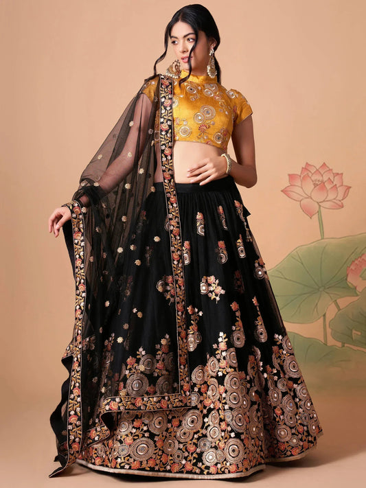 Glamorous Black Dori Embroidery Net Lehenga Choli