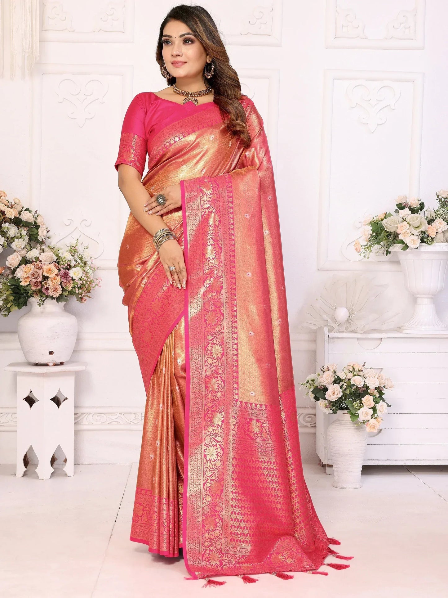 Marvelous Pink Zari Weaving Banarasi Silk Saree with Blouse