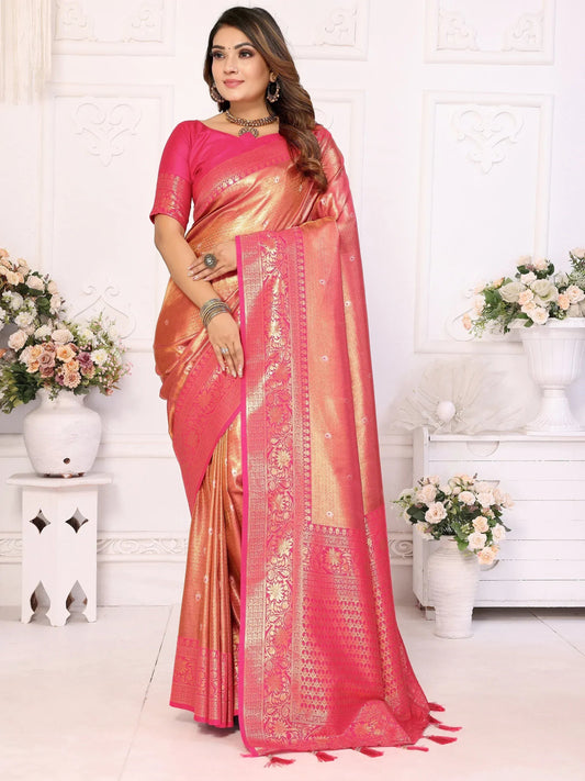 Marvelous Pink Zari Weaving Banarasi Silk Saree with Blouse