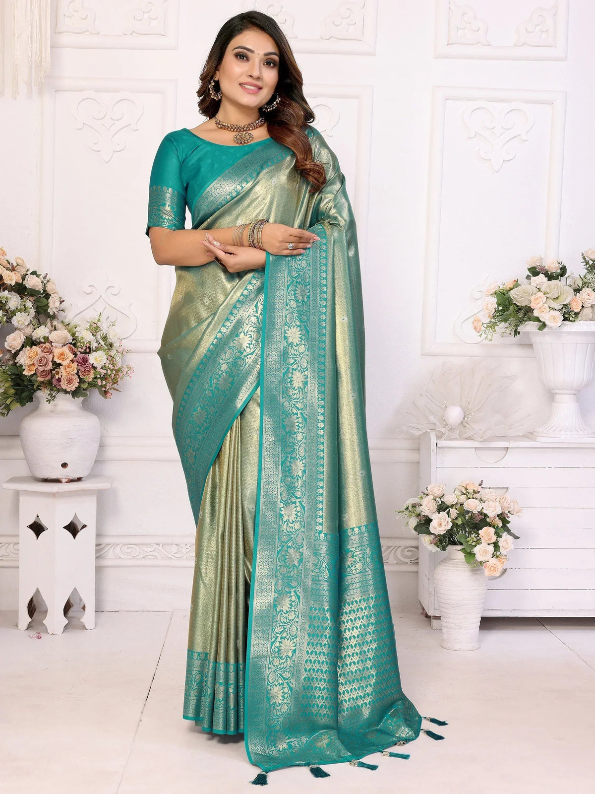 Bewitching Sea Green Zari Weaving Banarasi Silk Event Wear Saree