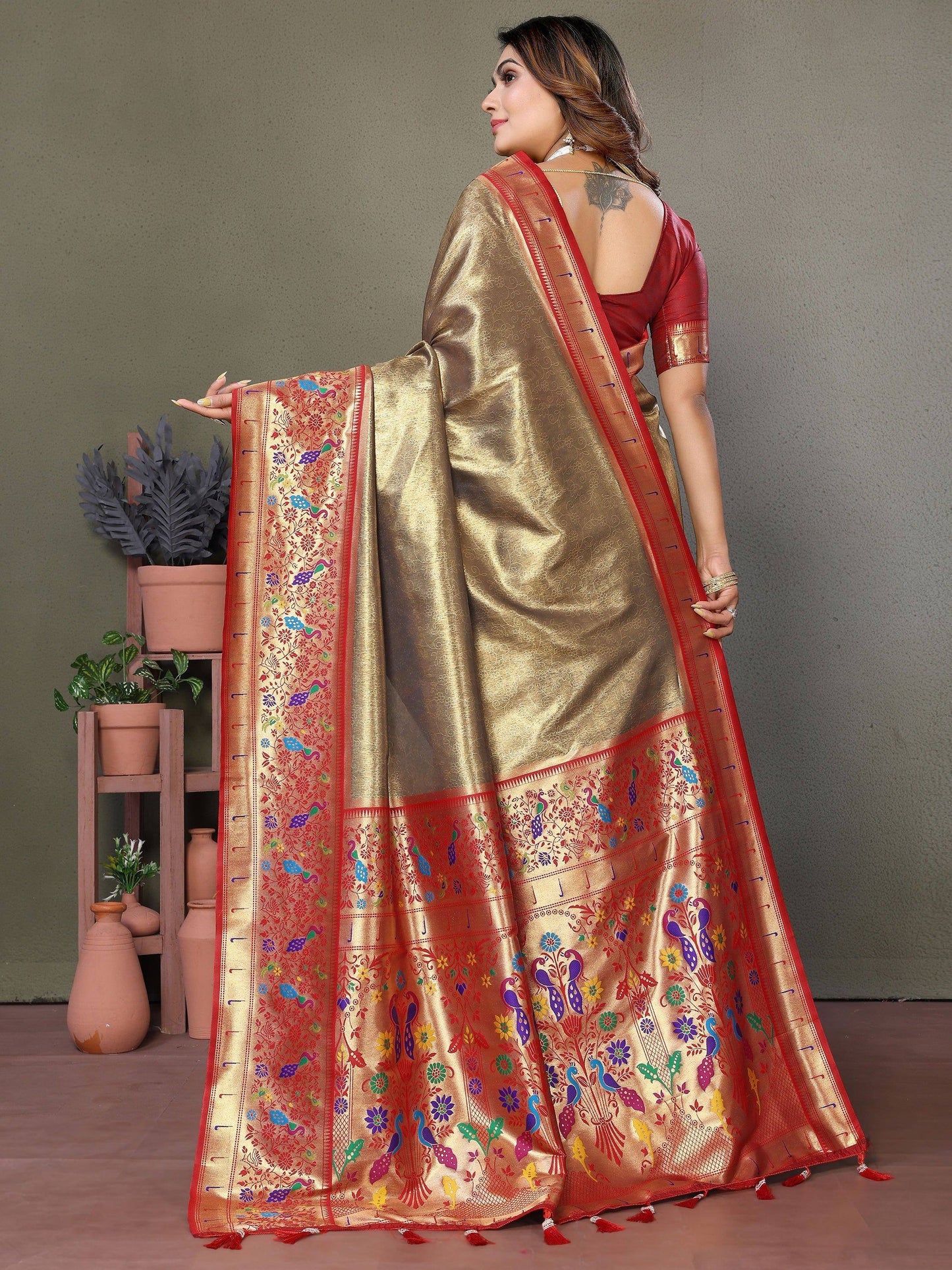 Wonderful Brown Zari Weaving Banarasi Silk Paithani Saree