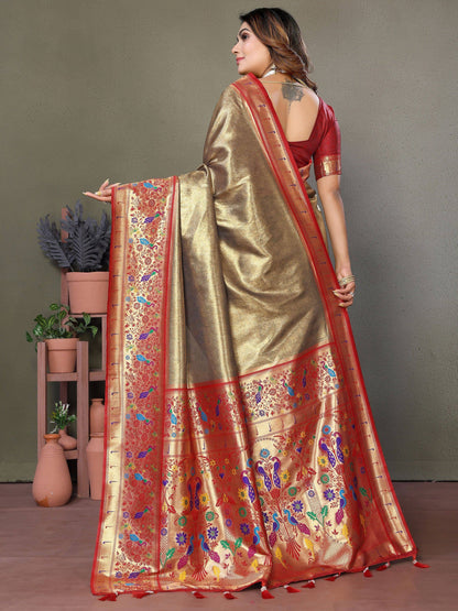 Wonderful Brown Zari Weaving Banarasi Silk Paithani Saree