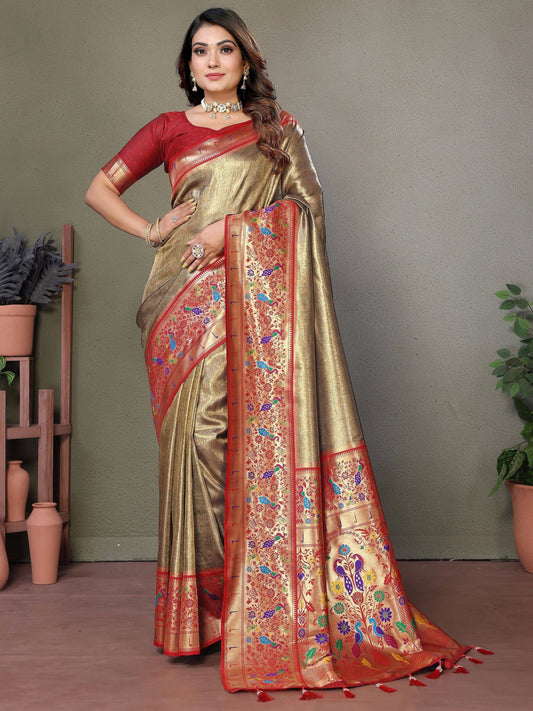 Wonderful Brown Zari Weaving Banarasi Silk Paithani Saree