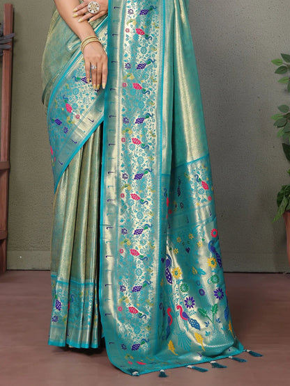 Sky Blue Zari Weaving Banarasi Silk Festival Wear Saree