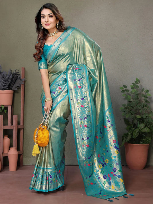 Sky Blue Zari Weaving Banarasi Silk Festival Wear Saree