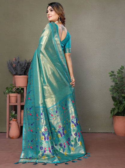 Sky Blue Zari Weaving Banarasi Silk Festival Wear Saree