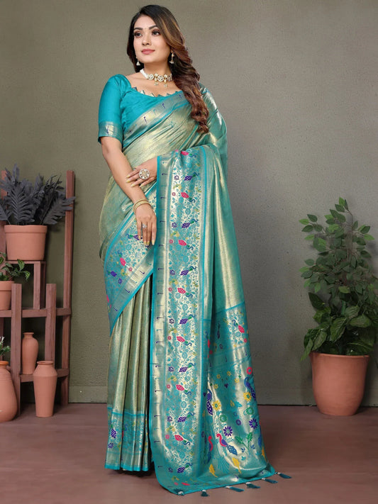 Sky Blue Zari Weaving Banarasi Silk Festival Wear Saree