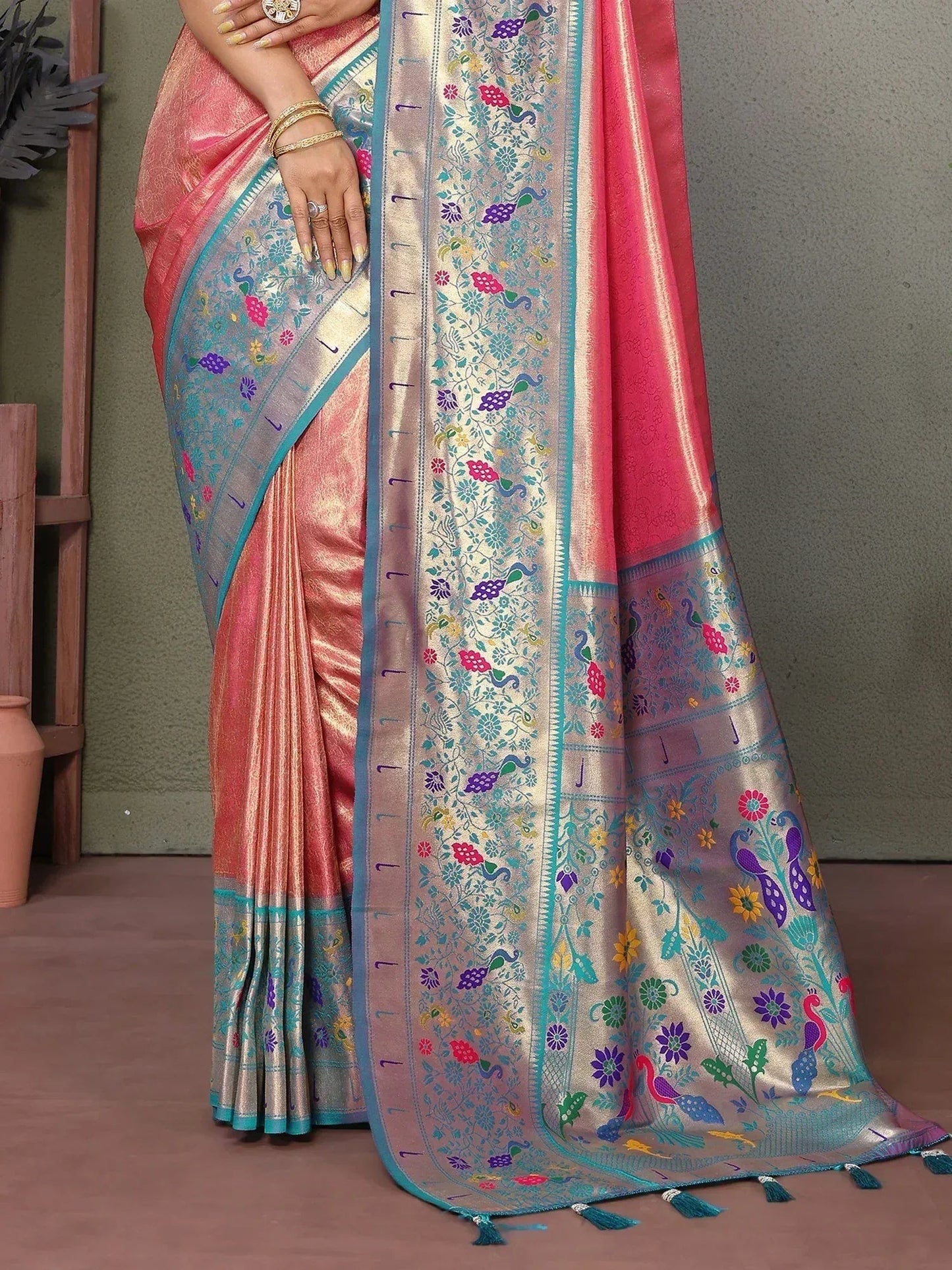 Coral Red Zari Weaving Banarasi Silk Paithani Saree with Blouse